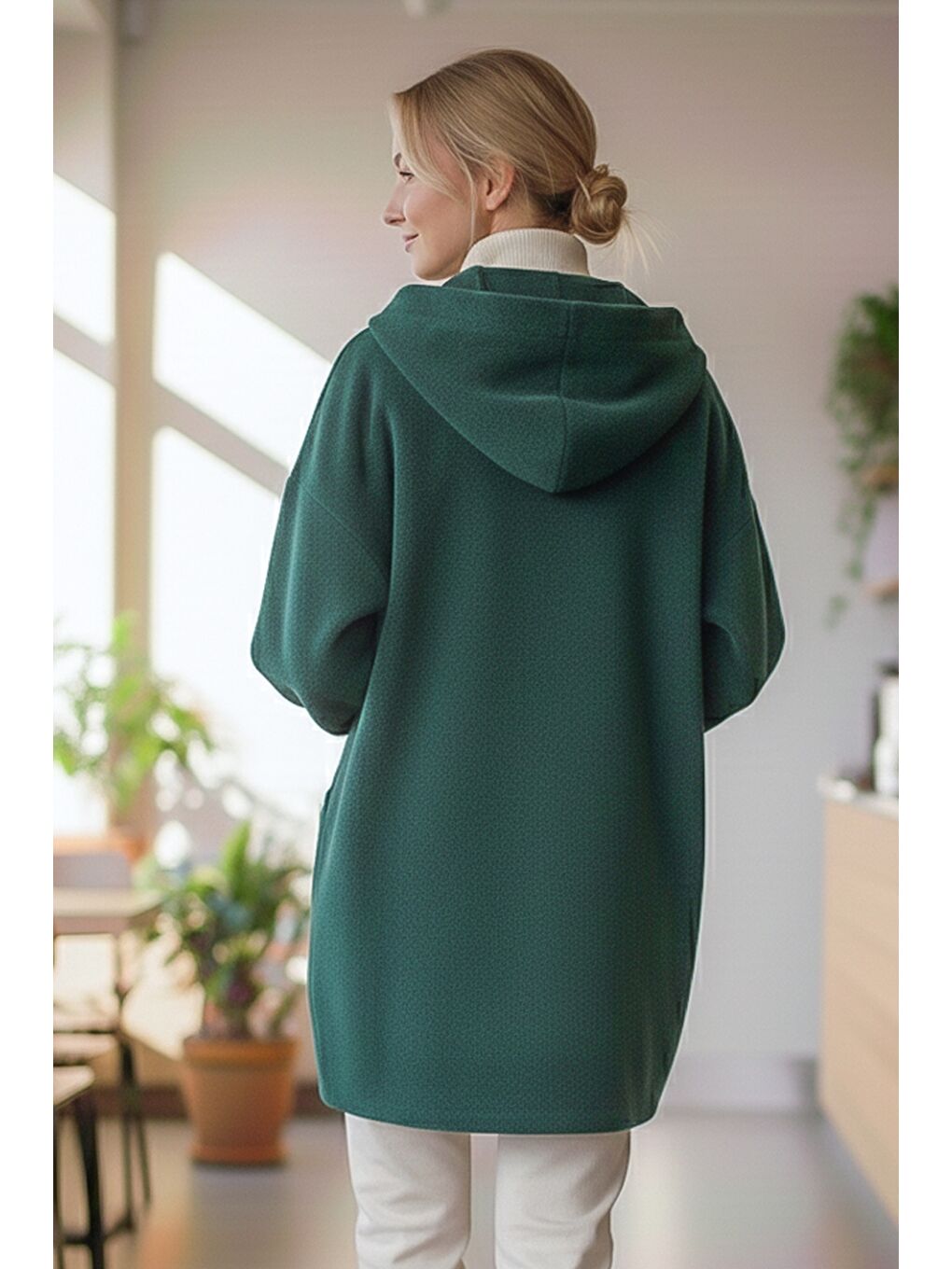 İtalyan Yeşil Kapüşonlu Uzun Kol Fermuarlı Cepli Casual Kadife Oversize Dokuma Ceket 0 0-5