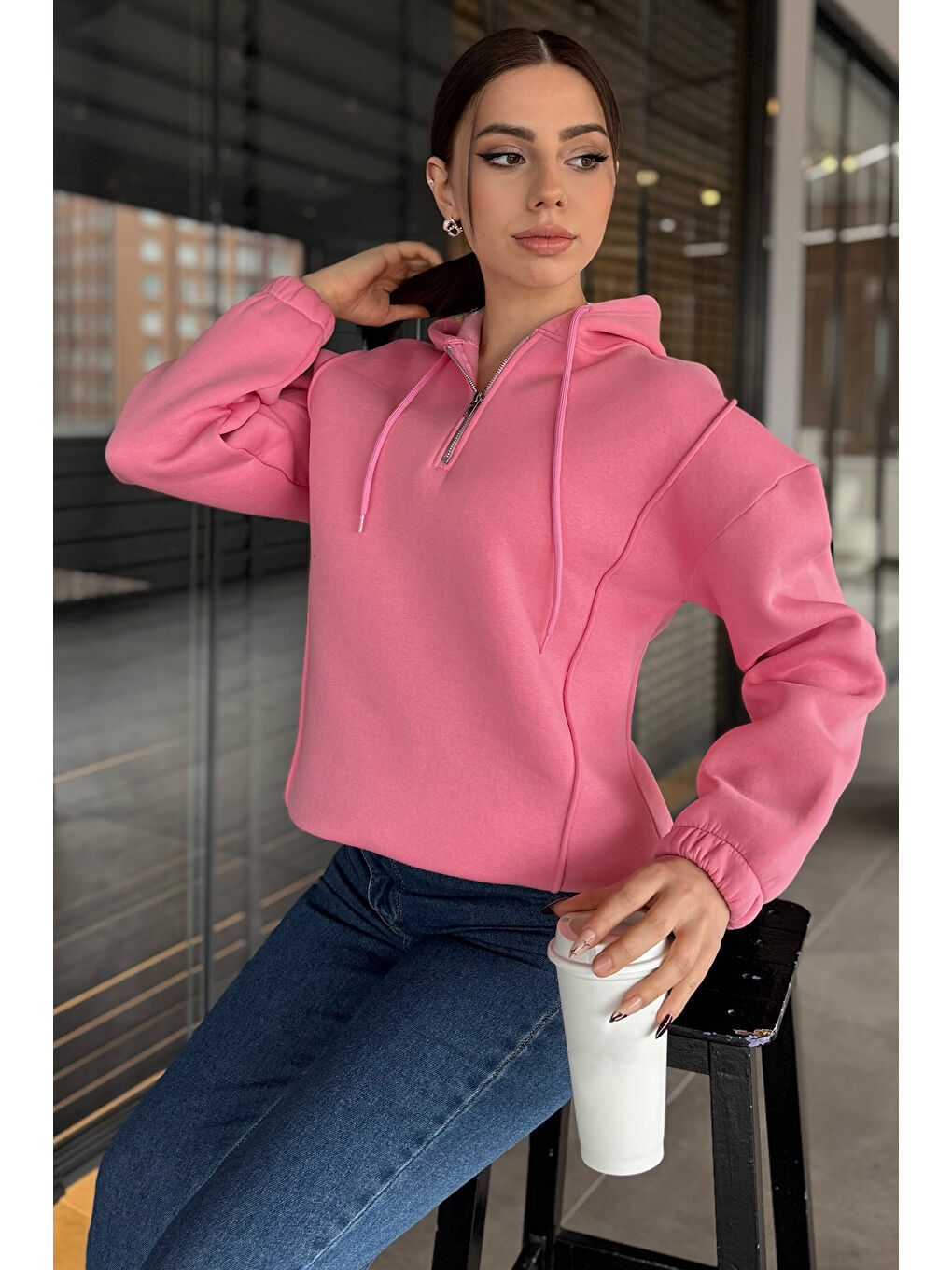 Pembe Yarım Fermuarlı Üç İplik Şardonlu Kadın Sweatshirt-2
