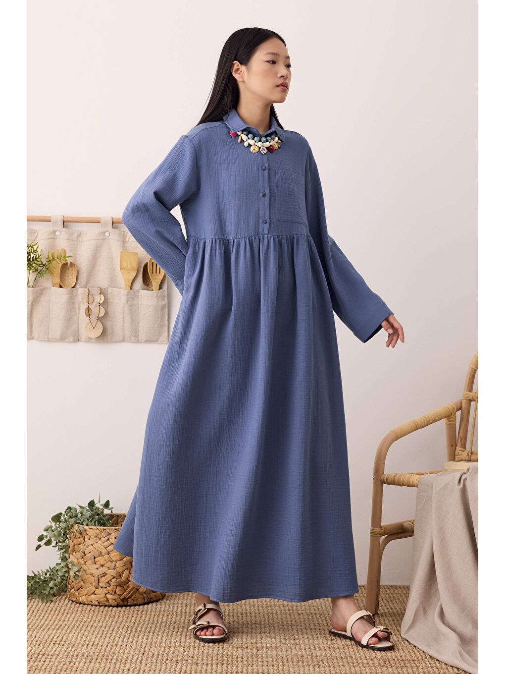 Müslin Beli Büzgülü Elbise Ufuk Mavi-1