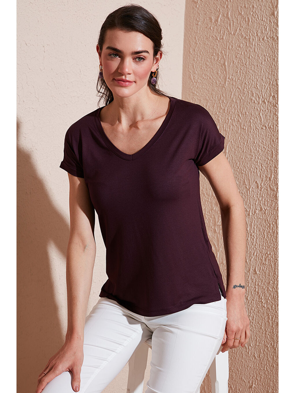 Kırmızı V Yaka Rahat Kesim Kadın Bluz 5862000-1