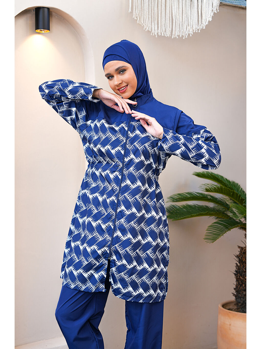 Lacivert Paraşüt Kumaş Boydan Fermuarlı Tam Kapalı Tesettür Mayo 3830-3