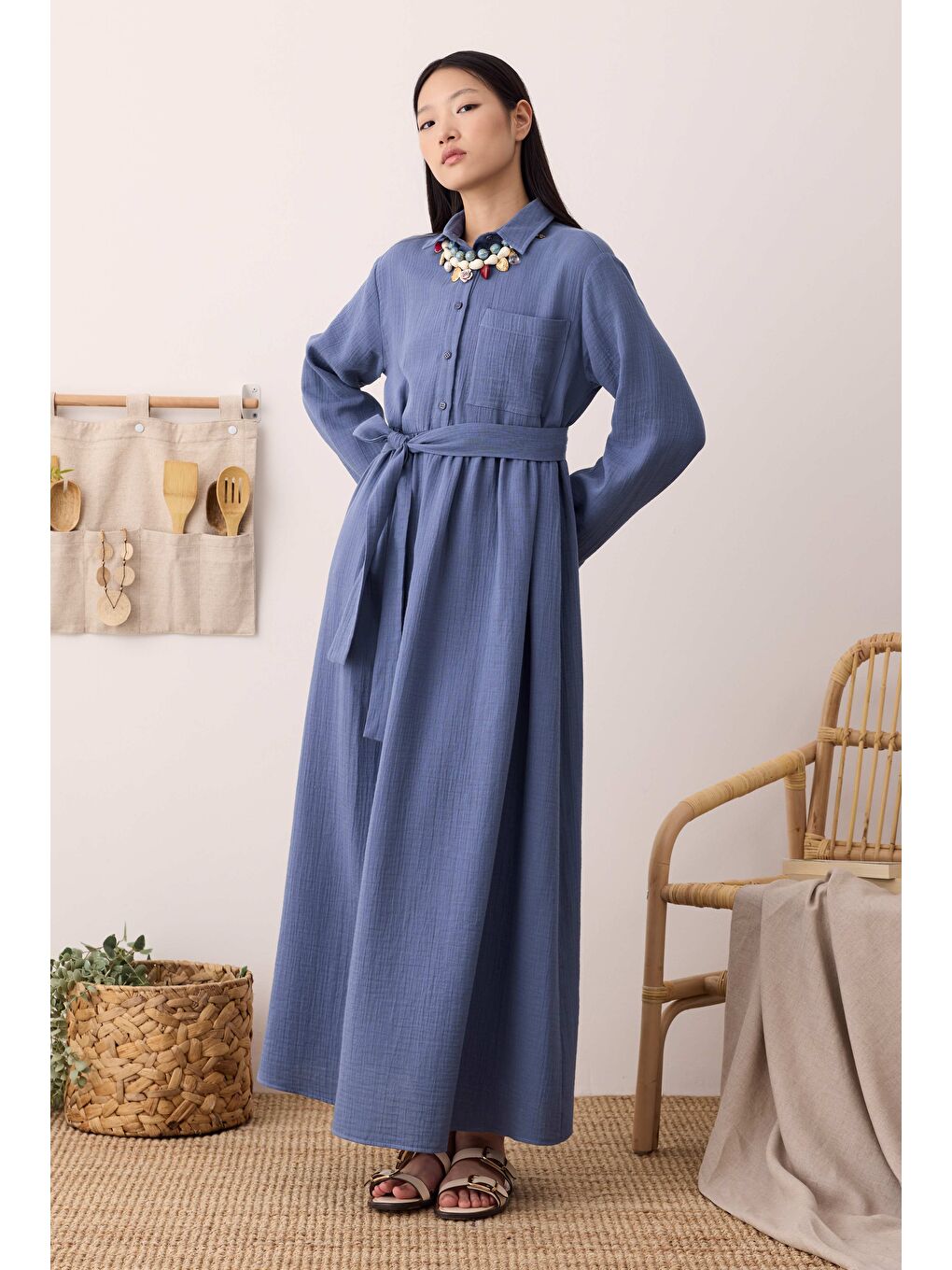 Müslin Beli Büzgülü Elbise Ufuk Mavi-2