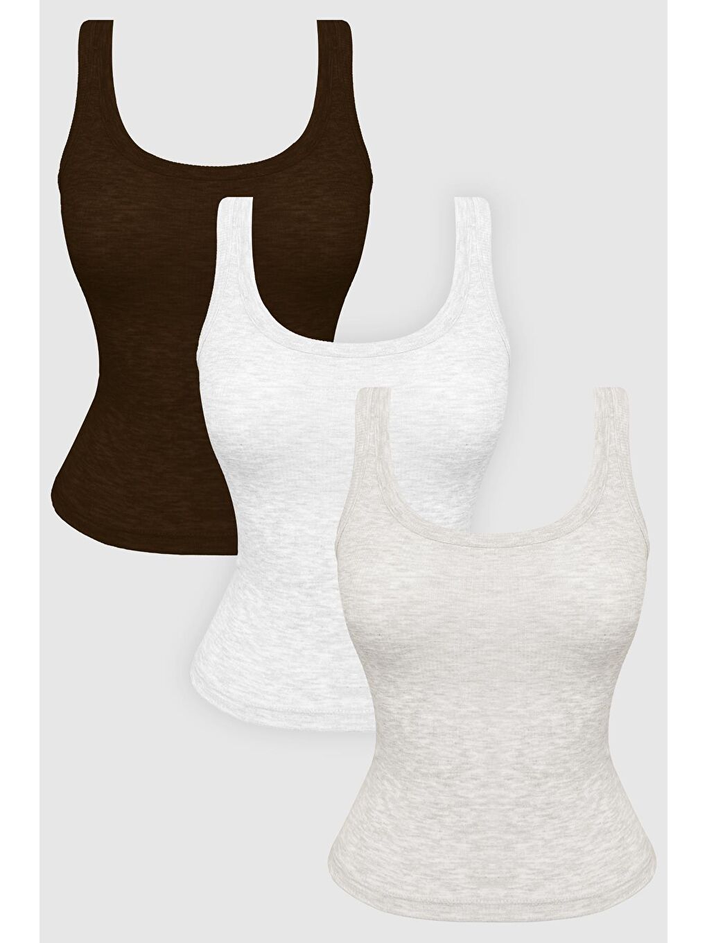 Karışık Pamuklu Kalın Askılı Fitilli Kadın Atlet 3'Lü Paket-4