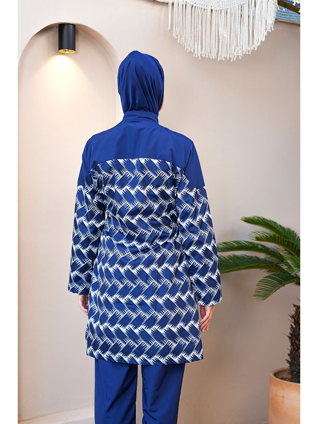 Lacivert Paraşüt Kumaş Boydan Fermuarlı Tam Kapalı Tesettür Mayo 3830-4