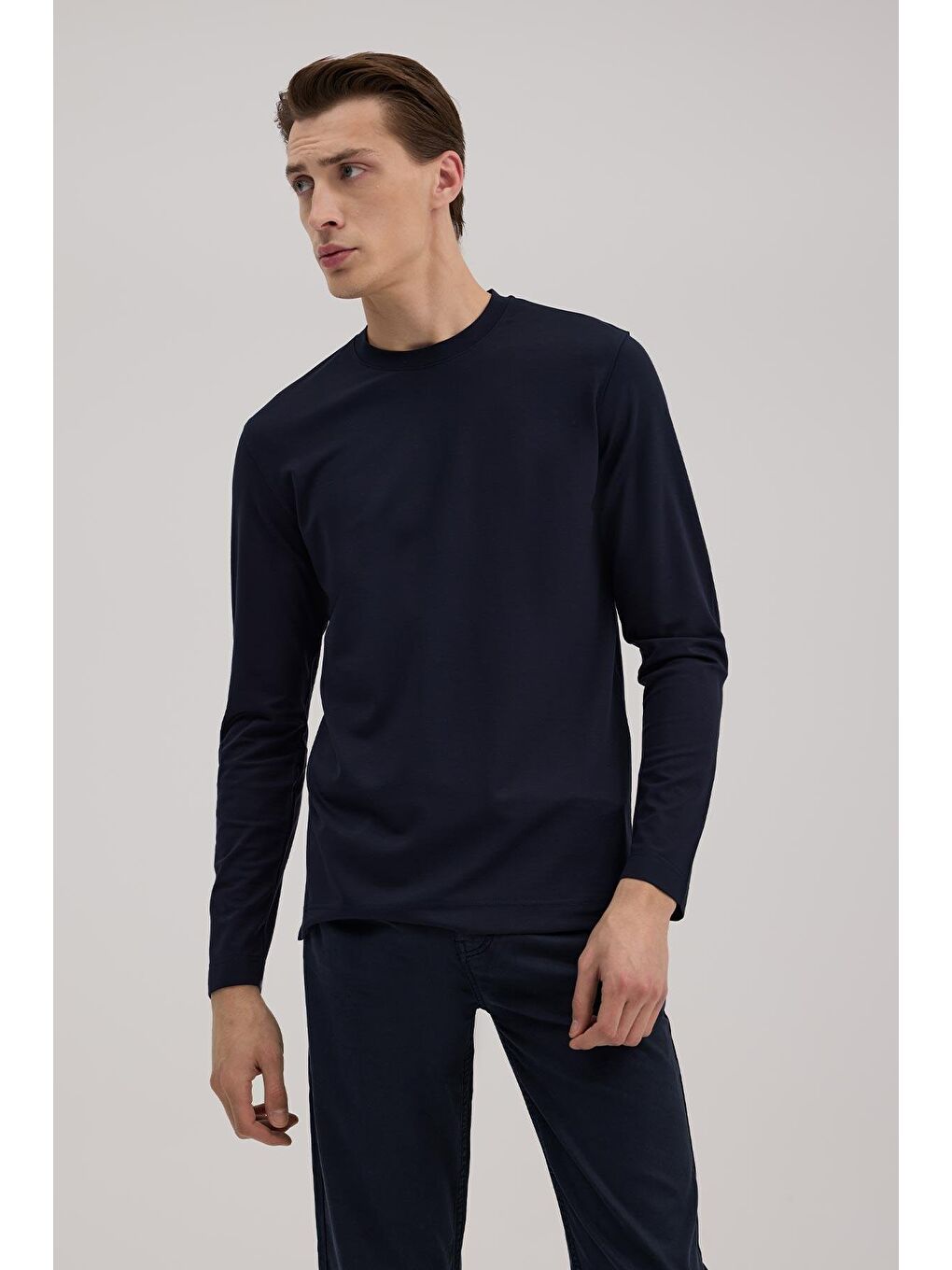 Lacivert Slim Fit Bisiklet Yaka Rayon Uzun Kollu Basic T-Shirt-1