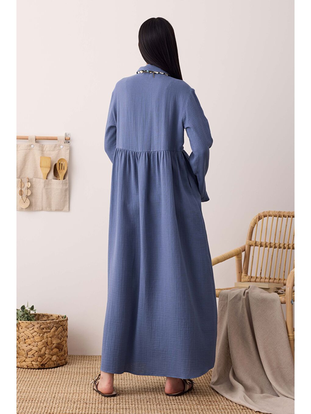 Müslin Beli Büzgülü Elbise Ufuk Mavi-3