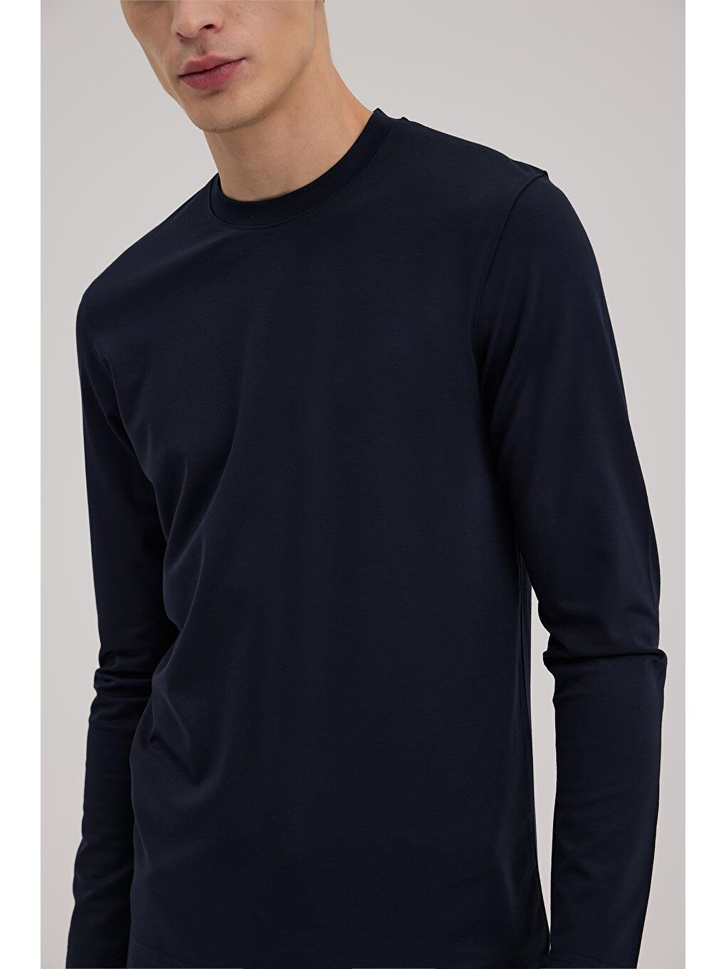 Lacivert Slim Fit Bisiklet Yaka Rayon Uzun Kollu Basic T-Shirt-2