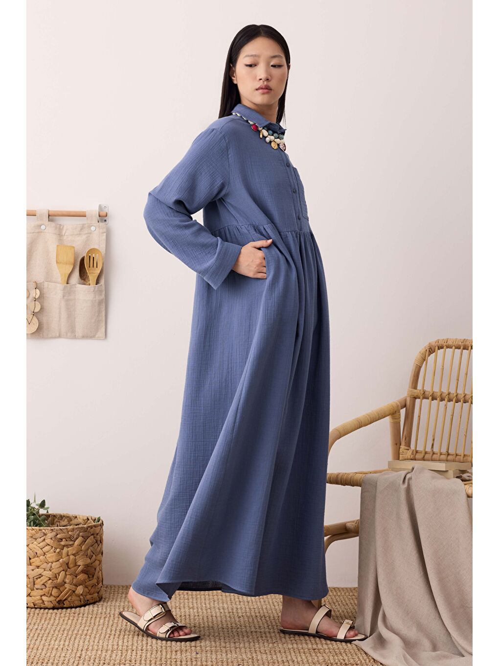 Müslin Beli Büzgülü Elbise Ufuk Mavi-4