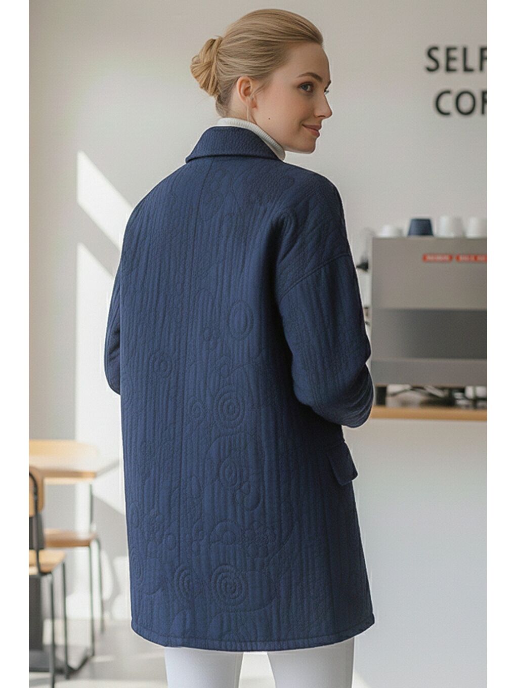 İtalyan Koyu Mavi Ceket Yaka Uzun Kol Düğmeli Allover Nakışlı Kapitone Oversize Dokuma Ceket 78 70-4