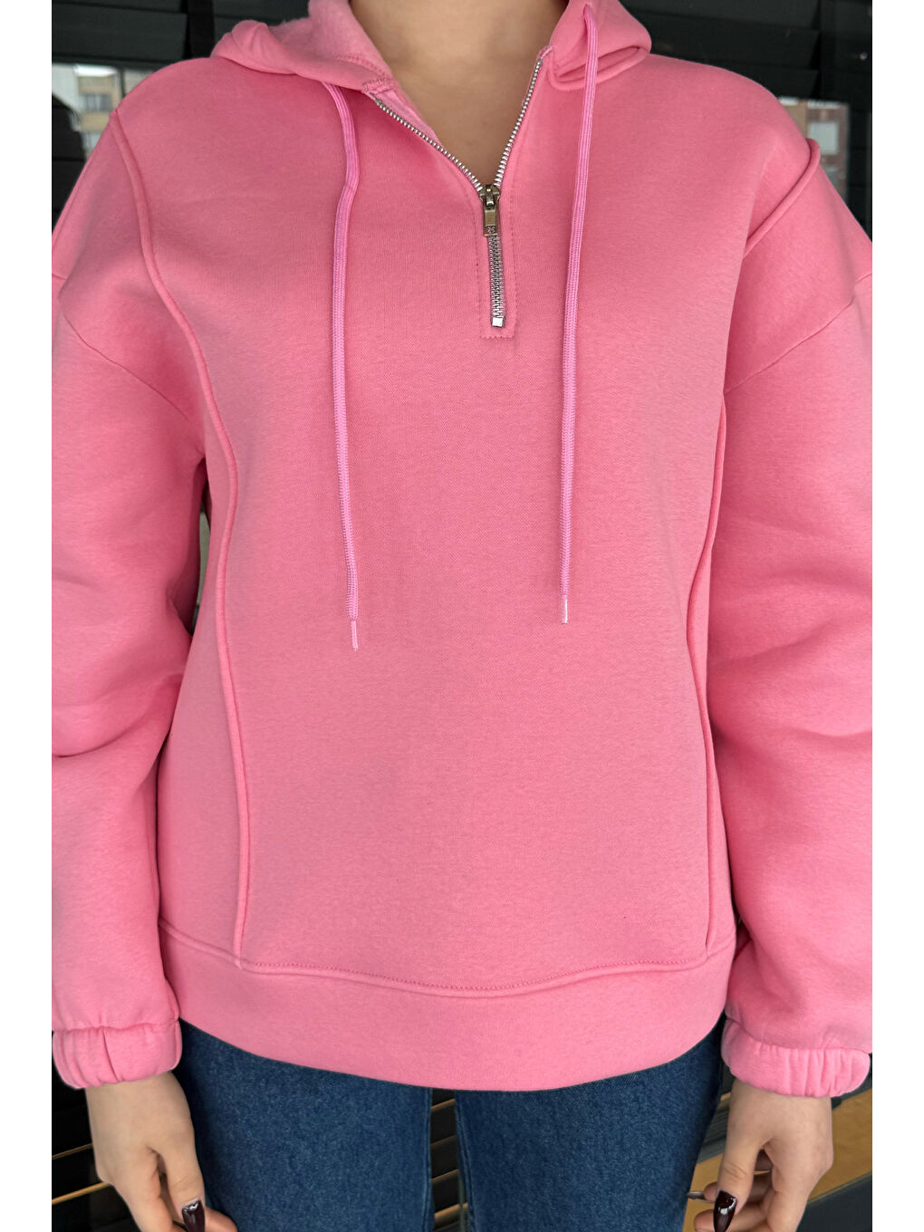 Pembe Yarım Fermuarlı Üç İplik Şardonlu Kadın Sweatshirt-3