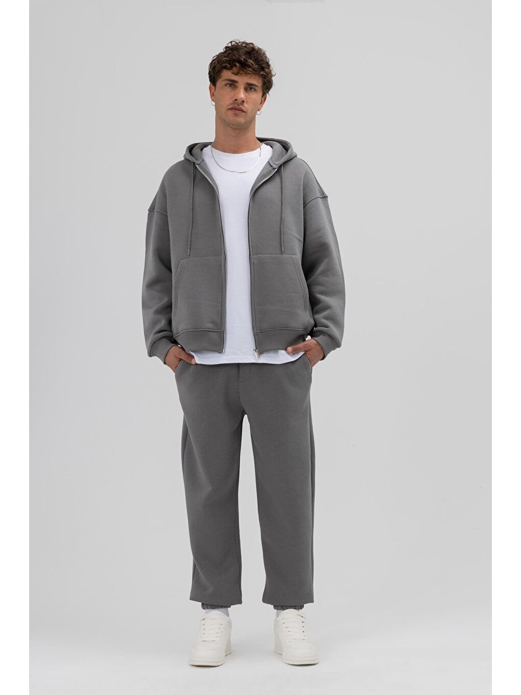 Gri Basic Fermuarlı Oversize Kapüşonlu Sweatshirt Füme