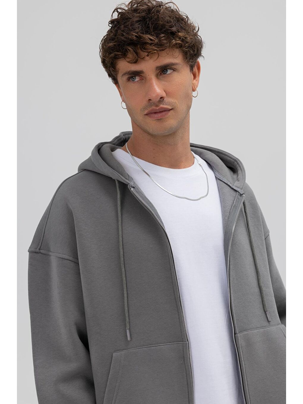 Gri Basic Fermuarlı Oversize Kapüşonlu Sweatshirt Füme-1