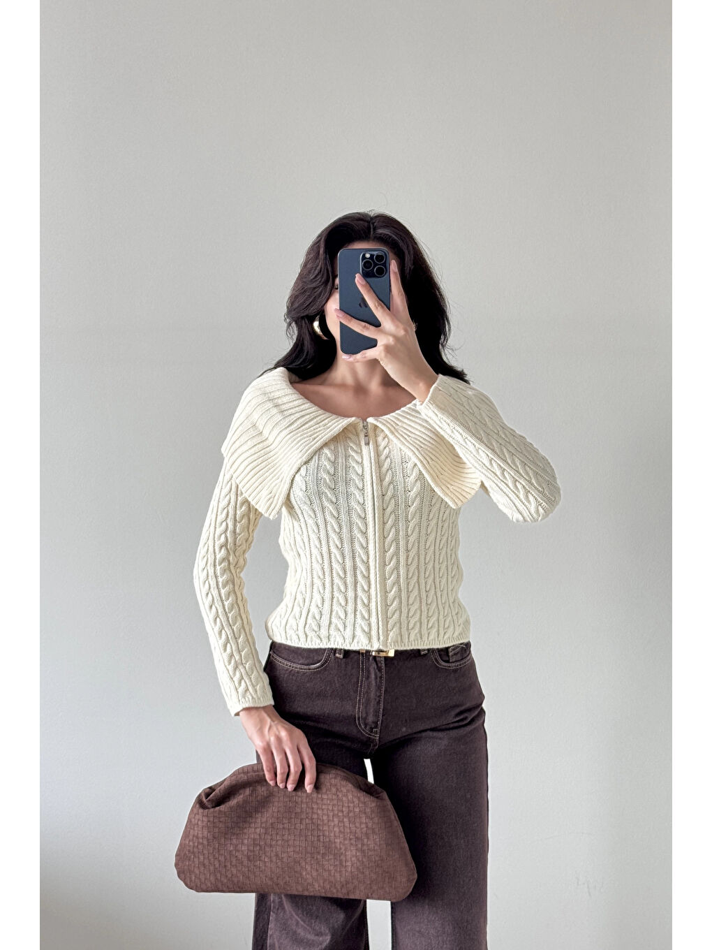 Kadın Ekru Fermuarlı Hırka 1014-2406-2