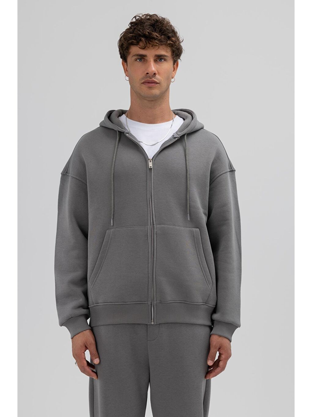 Gri Basic Fermuarlı Oversize Kapüşonlu Sweatshirt Füme-2