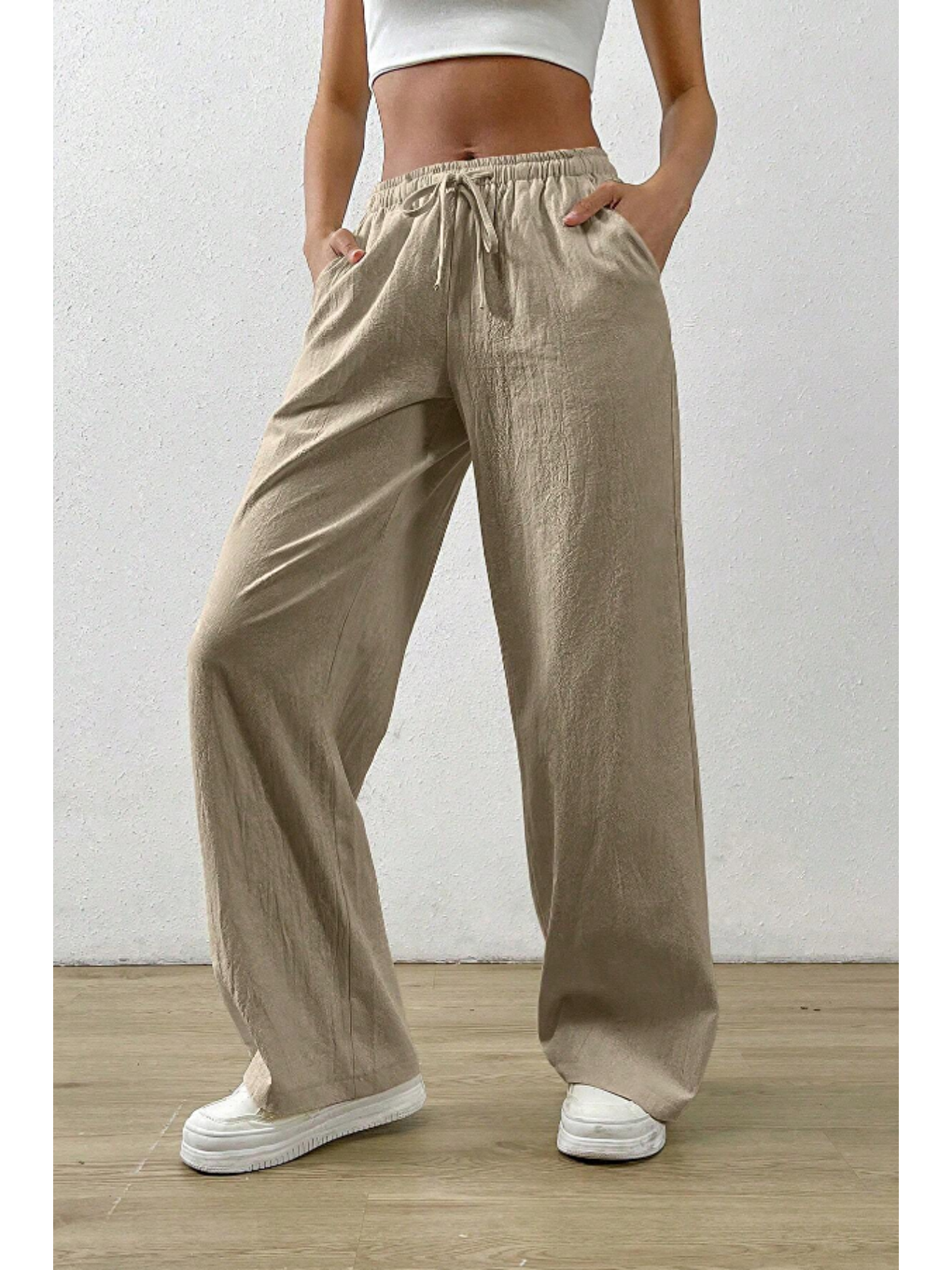 Bej Vizon Bol Paça Müslin Kadın Pantolon-4