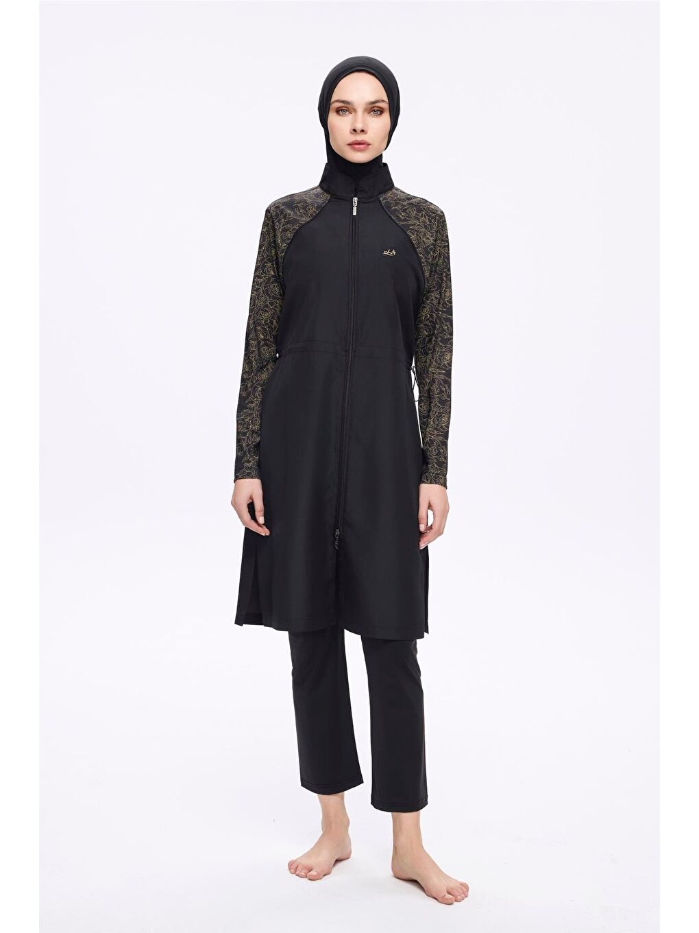 Kolları Desenli Siyah 3 Parça Dokuma Tam Tesettür Mayo Takımı 2273