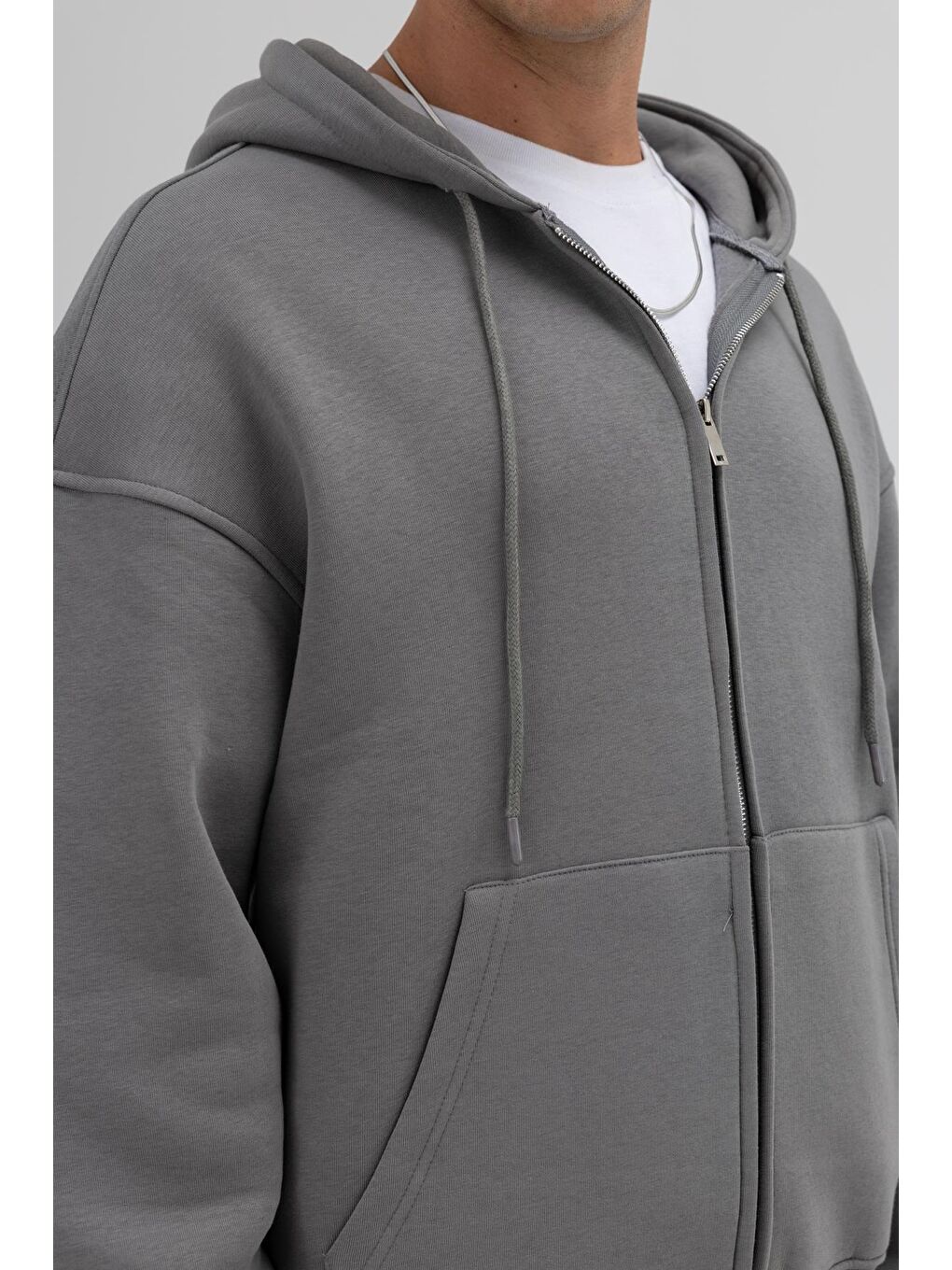 Gri Basic Fermuarlı Oversize Kapüşonlu Sweatshirt Füme-3