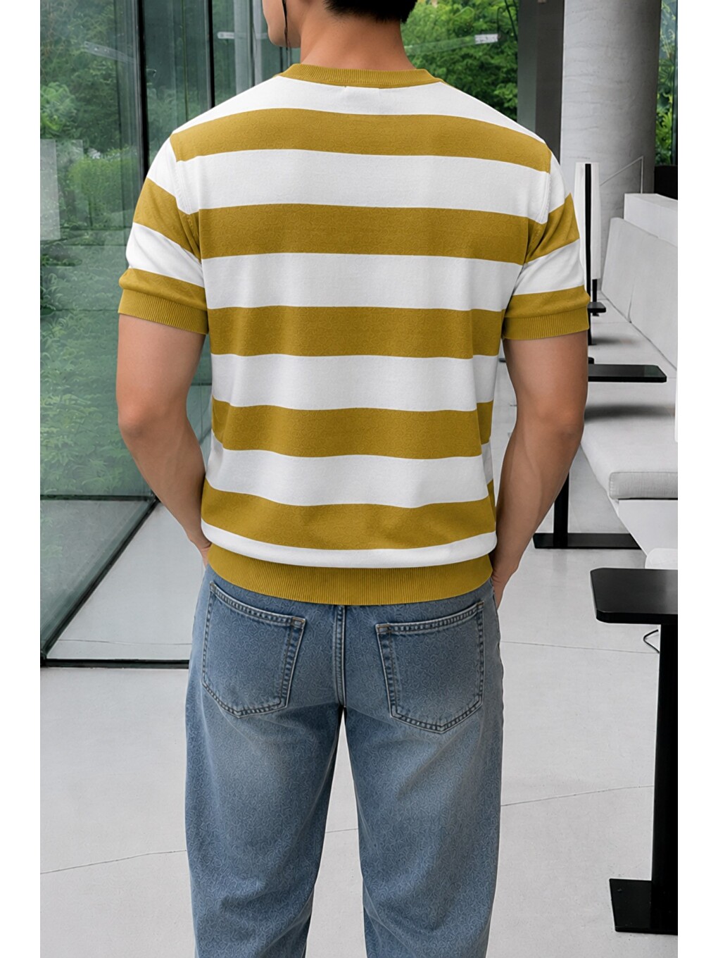 Sarı Erkek Çizgili Triko Tişört Bisiklet Yaka Slim Fit Yazlık İnce Dokulu-2