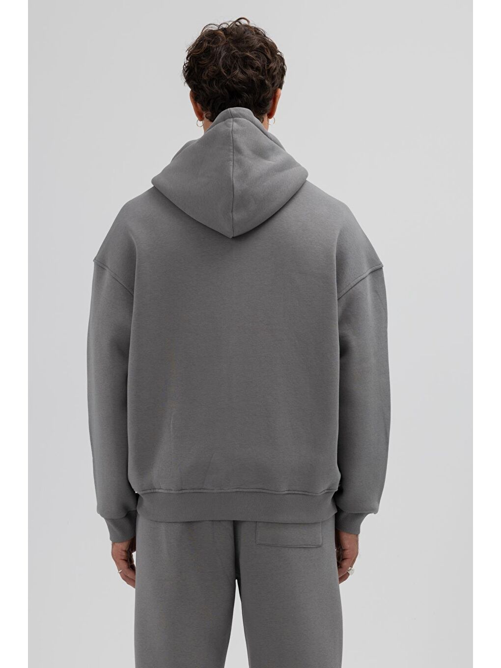 Gri Basic Fermuarlı Oversize Kapüşonlu Sweatshirt Füme-4