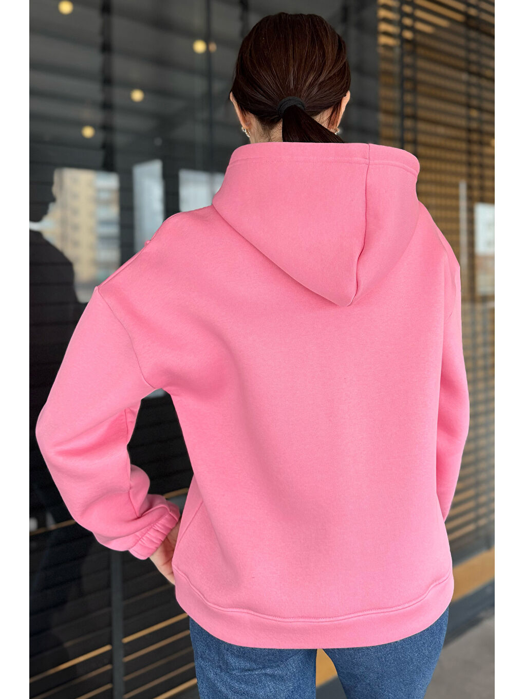 Pembe Yarım Fermuarlı Üç İplik Şardonlu Kadın Sweatshirt-4