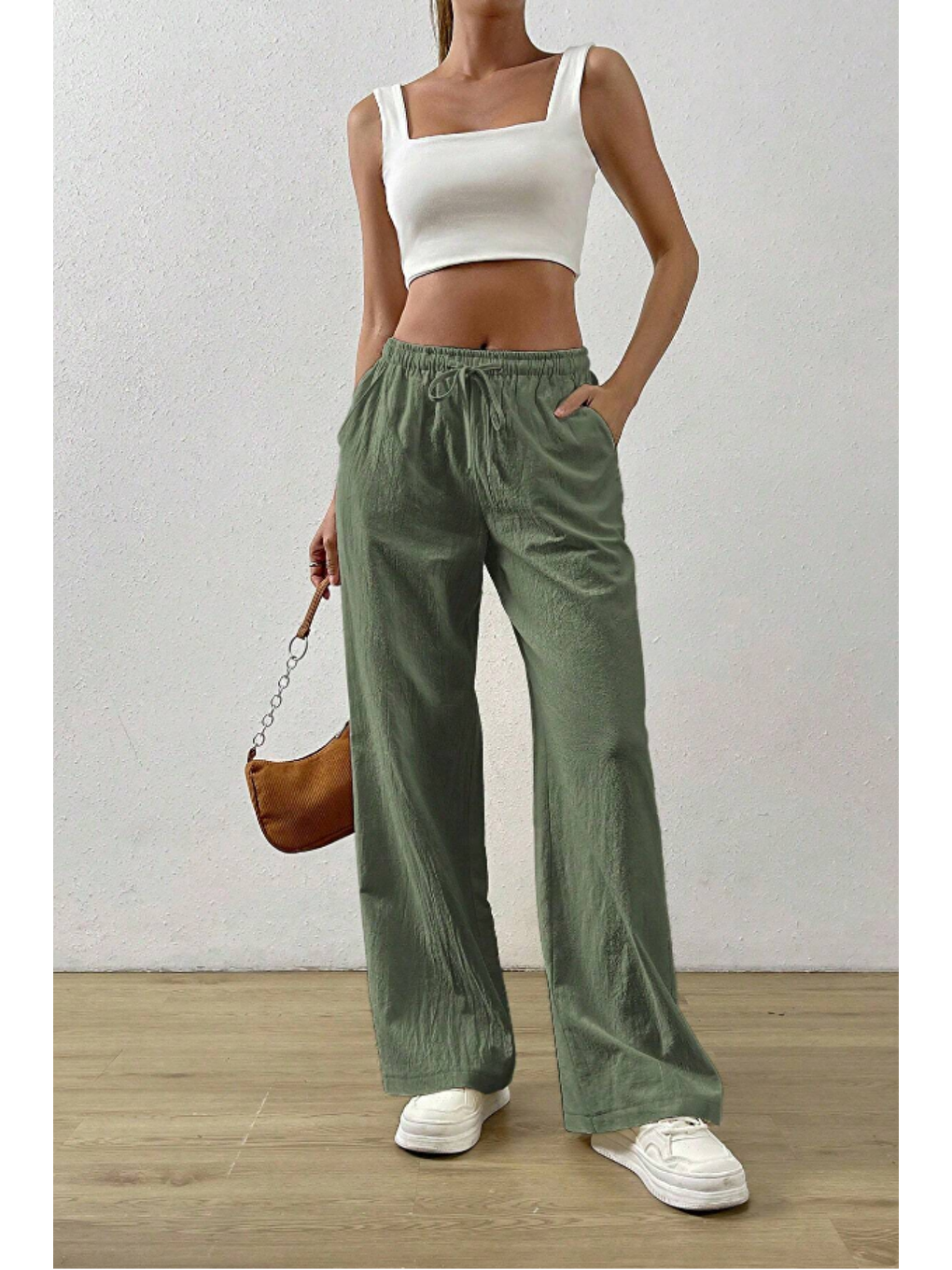 Açık Haki Bol Paça Müslin Kadın Pantolon-4