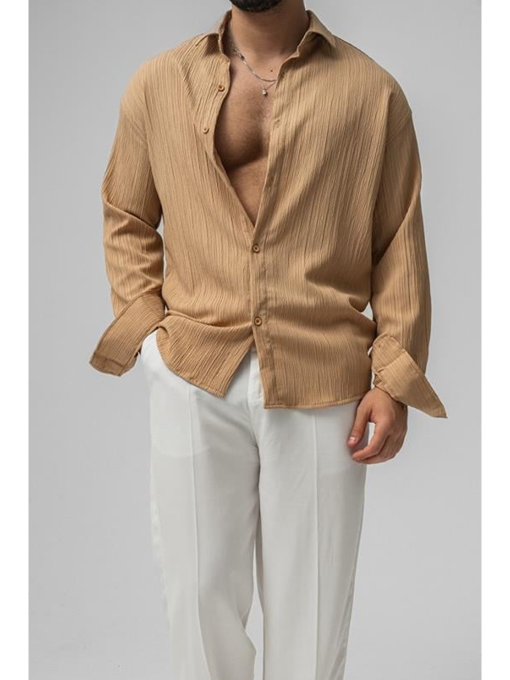 Bej Erkek Vizon  Oversize Gömlek