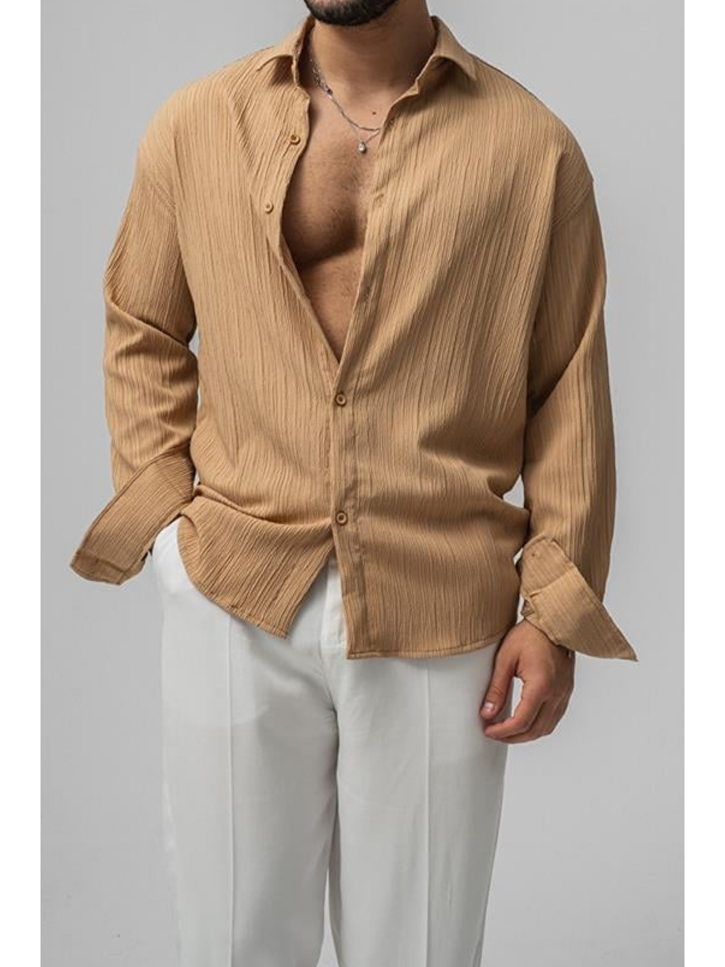 Bej Erkek Vizon  Oversize Gömlek-1