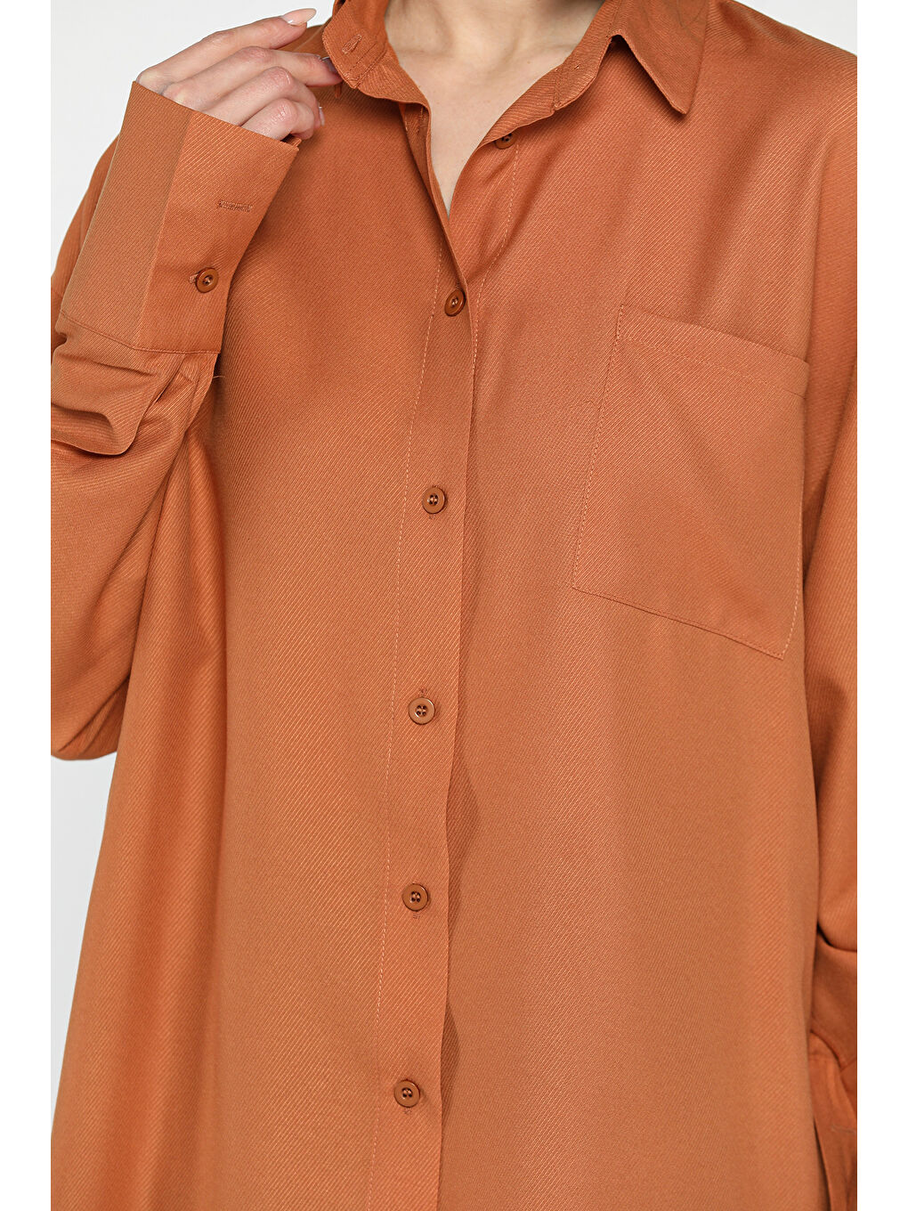 Kahverengi Kadın Tek Cepli Salaş Gömlek-2