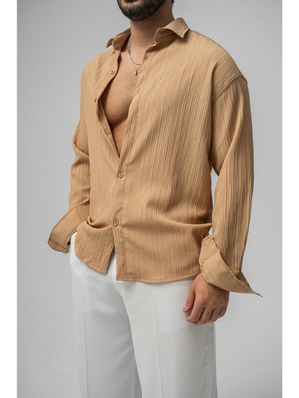 Bej Erkek Vizon  Oversize Gömlek-2