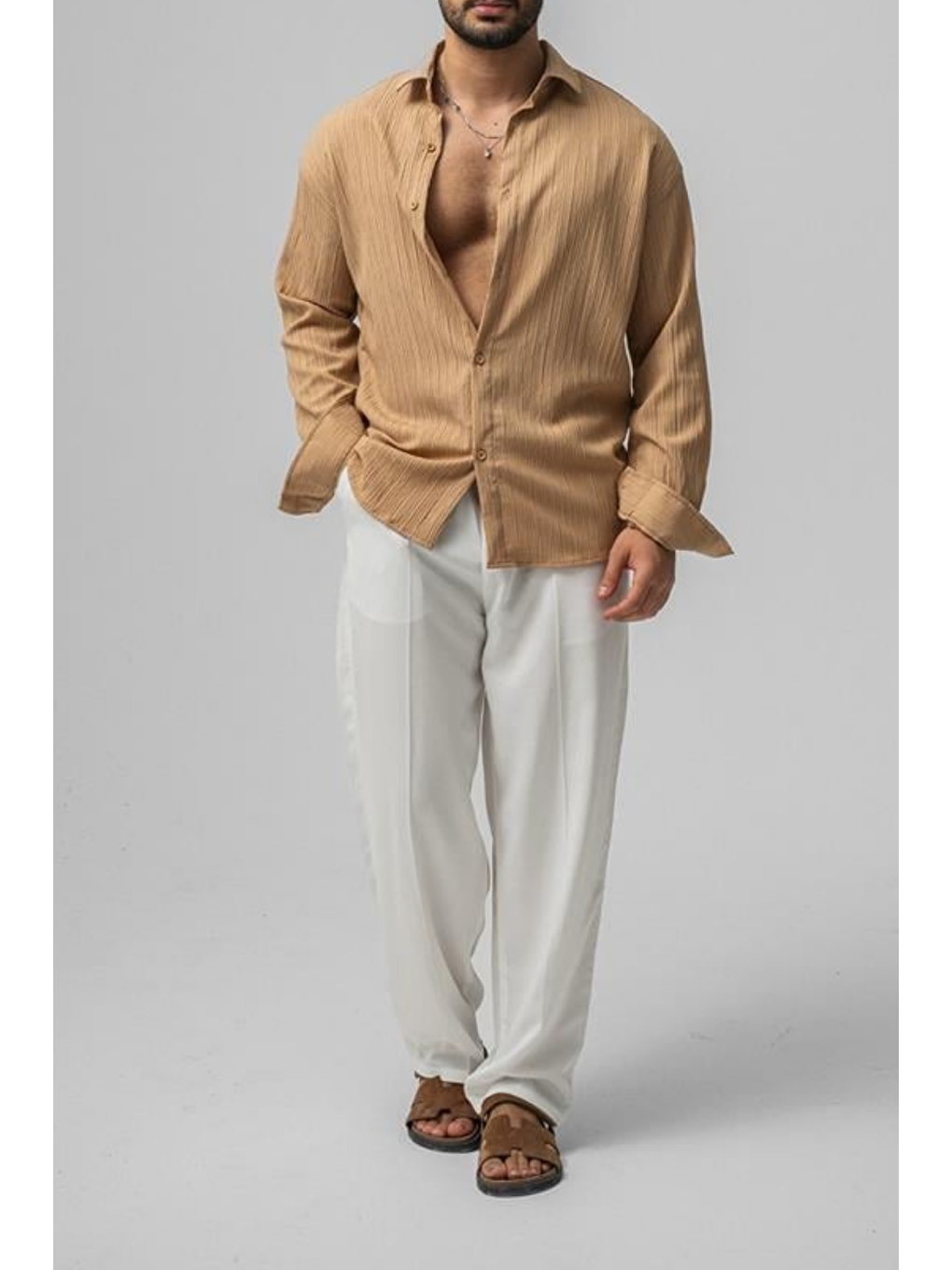 Bej Erkek Vizon  Oversize Gömlek-3