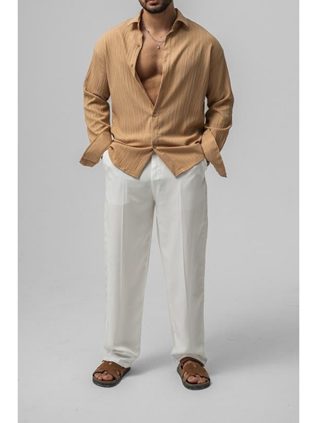 Bej Erkek Vizon  Oversize Gömlek-4