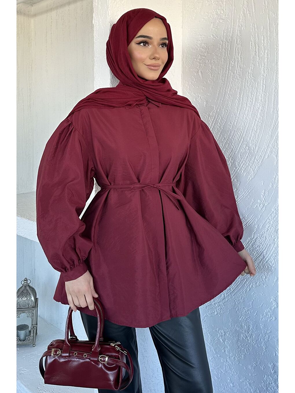 Bordo Balon Kol Bel Bağlamalı Gömlek Tunik-1