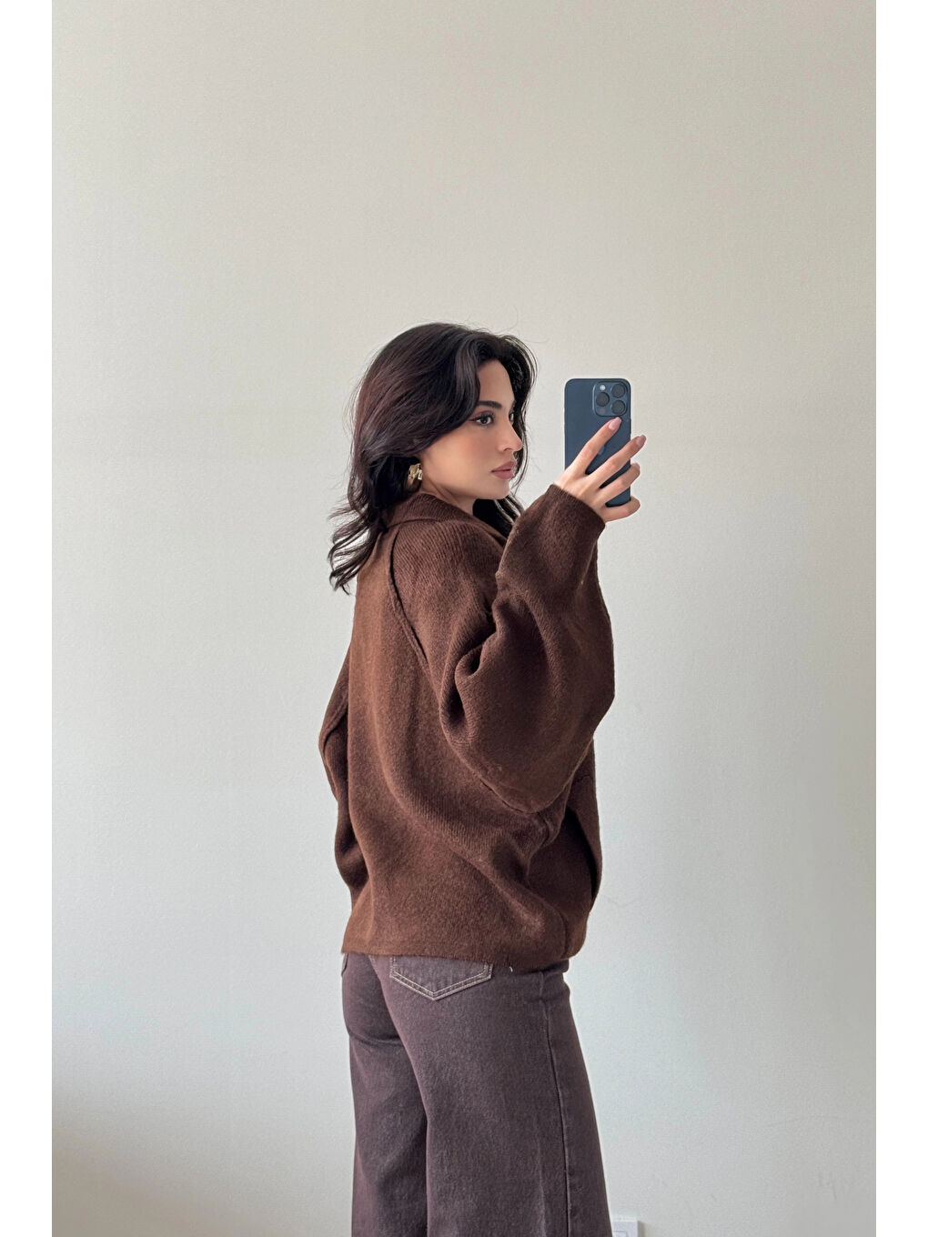 Kahverengi Kadın Kahve Fermuarlı Oversize Hırka 1014-2381-4