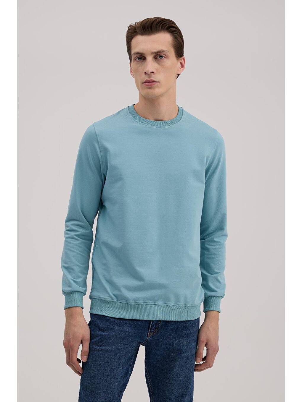 Yeşil Slim Fit Bisiklet Yaka Basic Sweatshirt-1