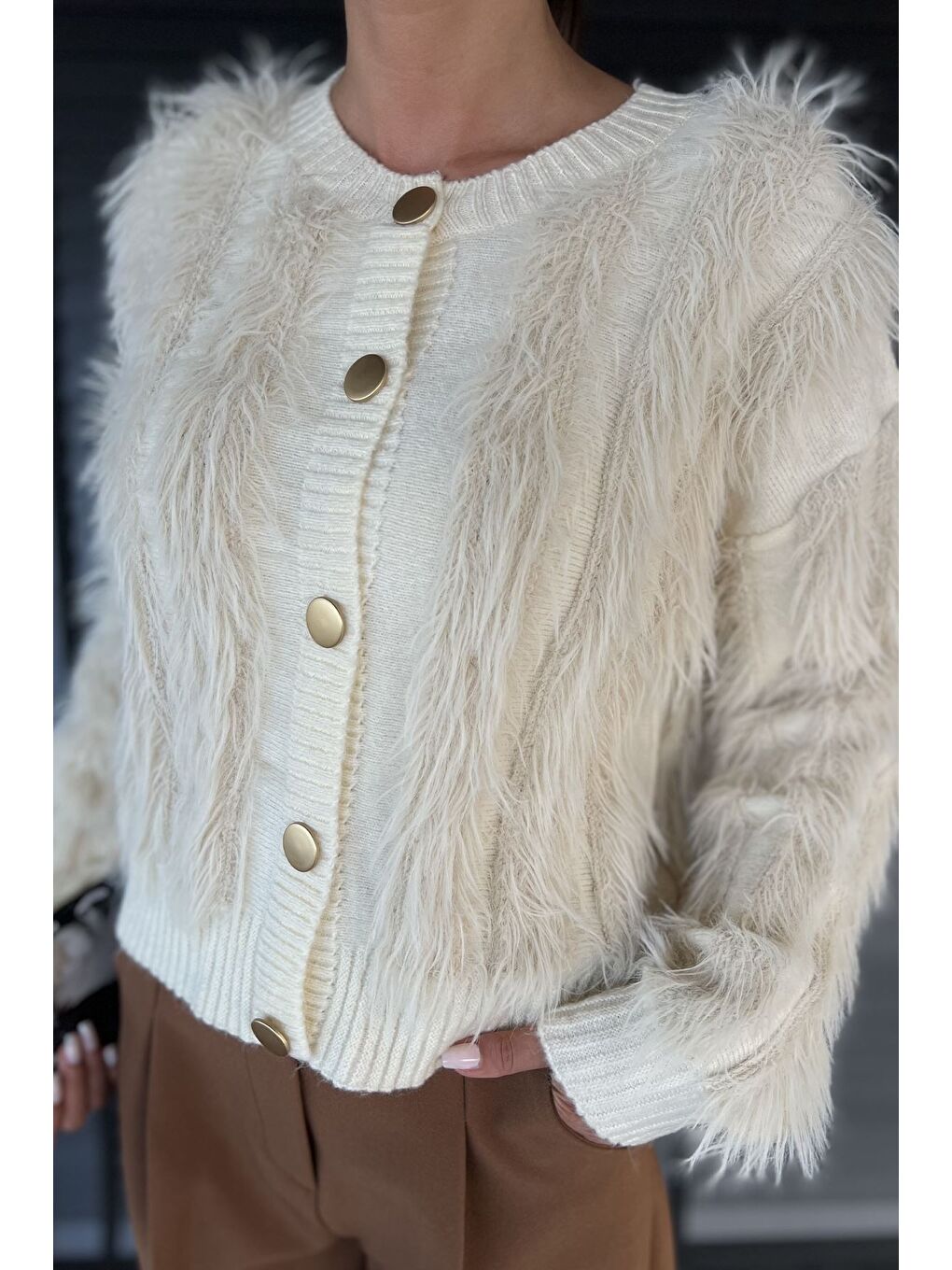 Ekru Sakallı Kadın Triko Hırka-2