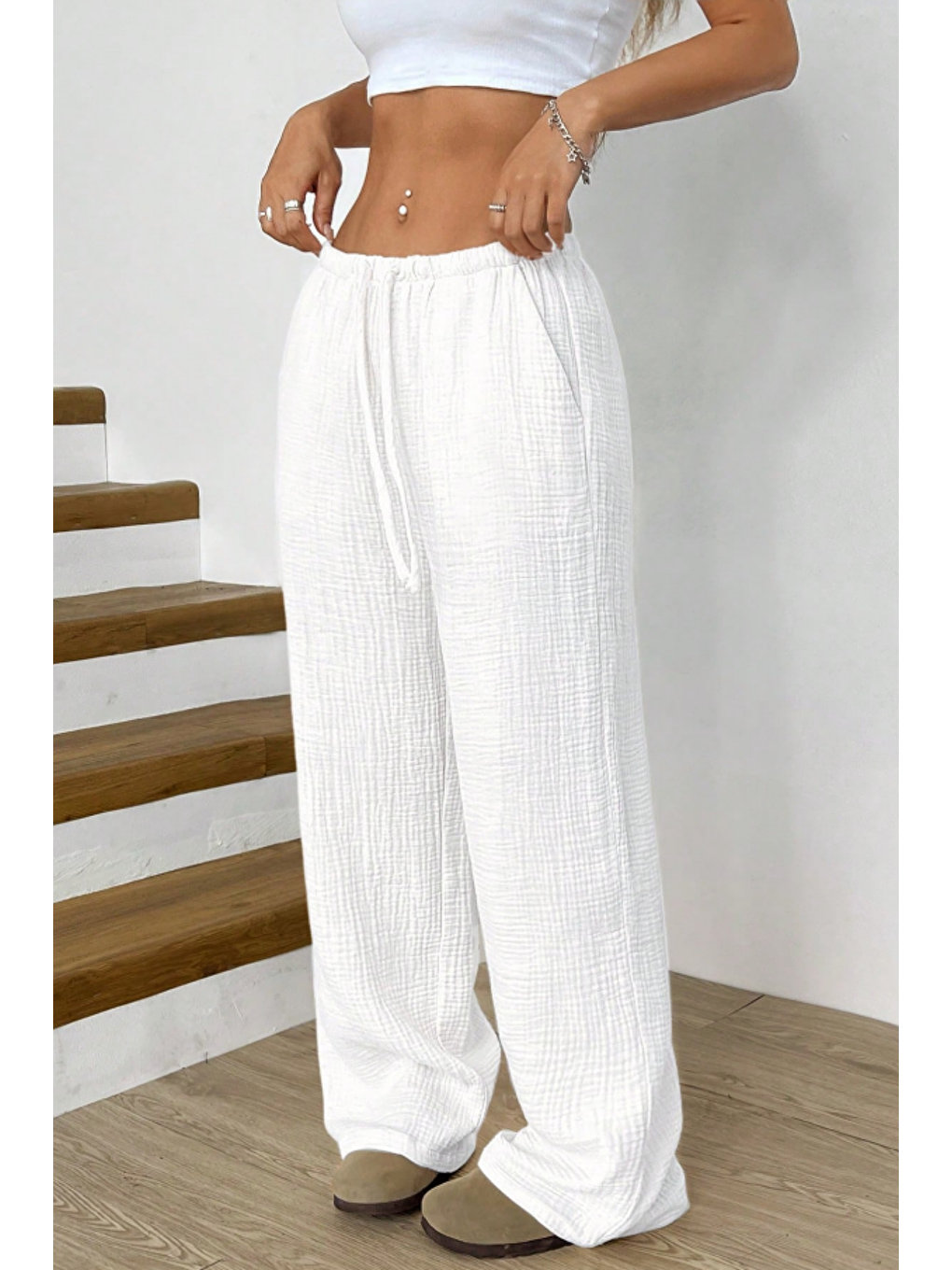 Beyaz Bol Paça Müslin Kadın Pantolon-1