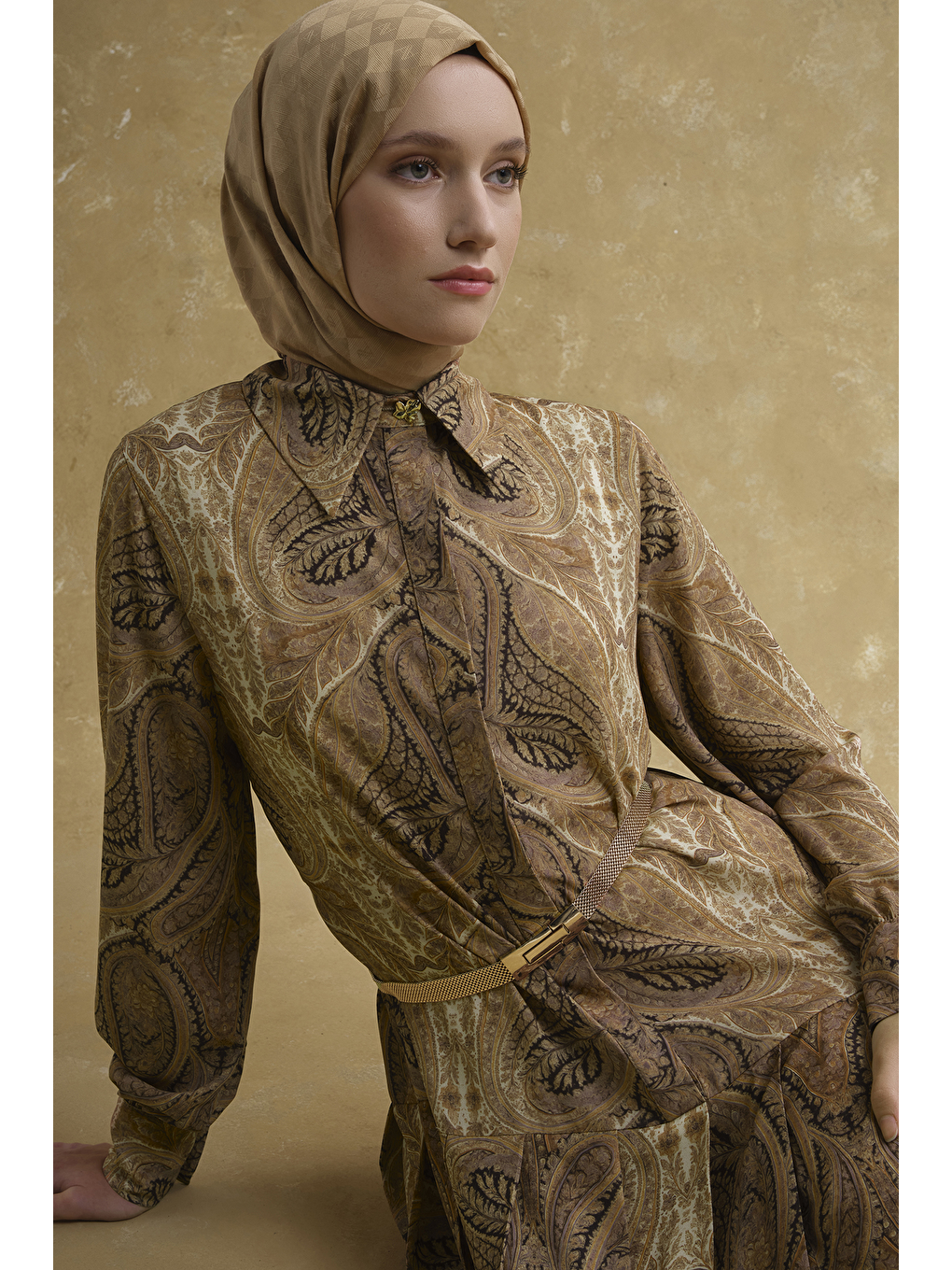 Kahverengi Şal Desenli Elbise Camel-3