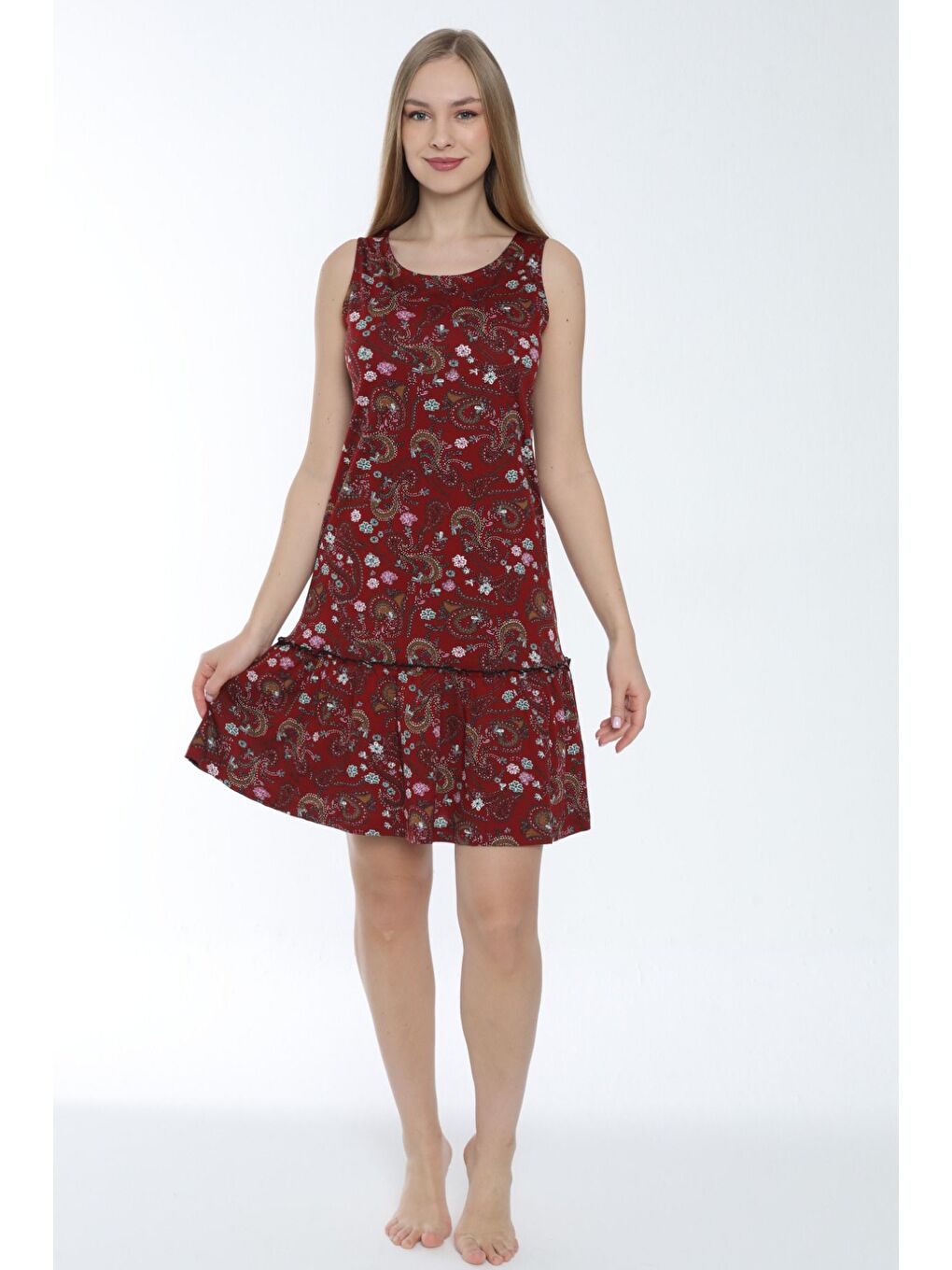 Bordo Desenli Eteği Büzgülü Askılı Pamuklu Elbise-1