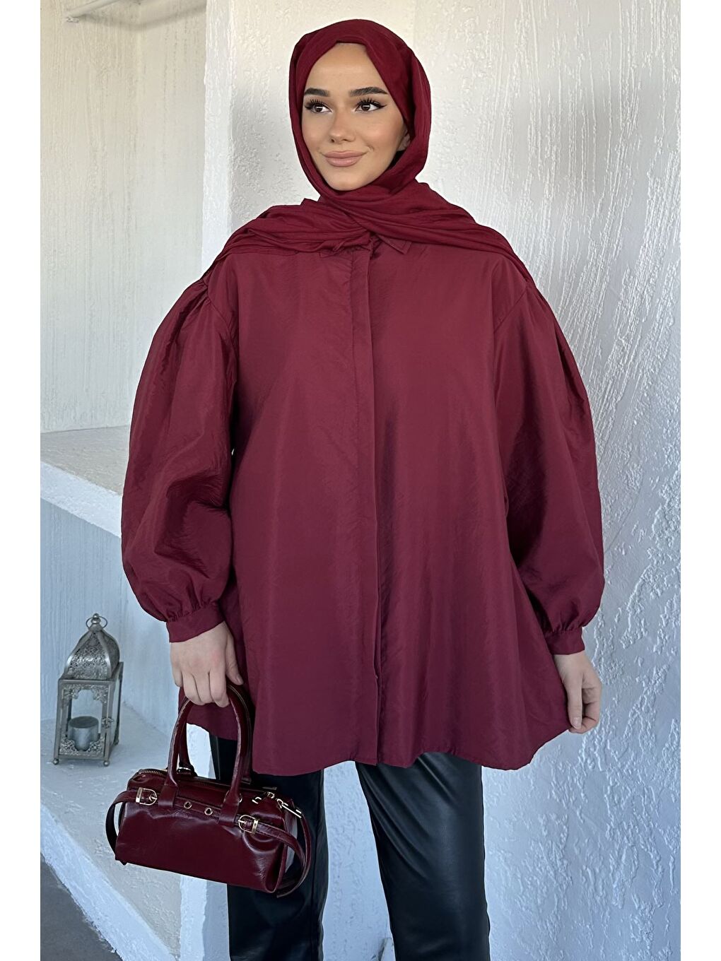 Bordo Balon Kol Bel Bağlamalı Gömlek Tunik-3