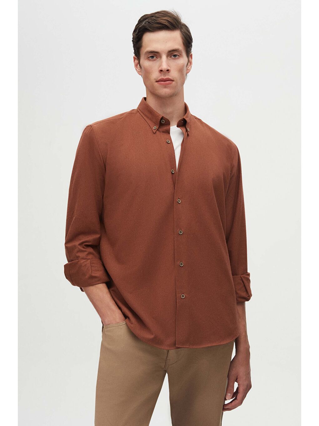 Regular Fit Kahverengi Düz Kışlık Flanel Gömlek