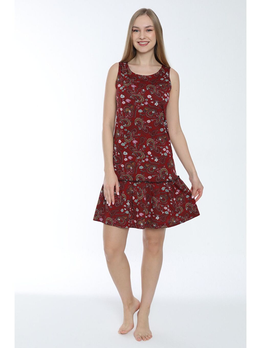 Bordo Desenli Eteği Büzgülü Askılı Pamuklu Elbise-2