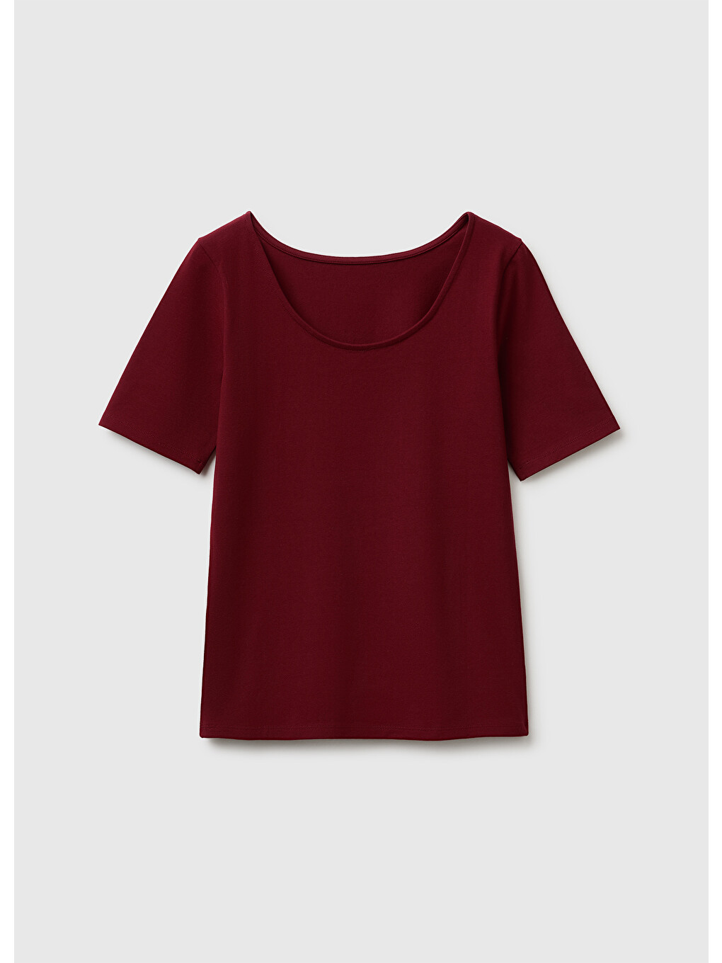 Kadın Mürdüm Pamuk Karışımlı Örme Slim Fit Geniş Yaka T-shirt-1
