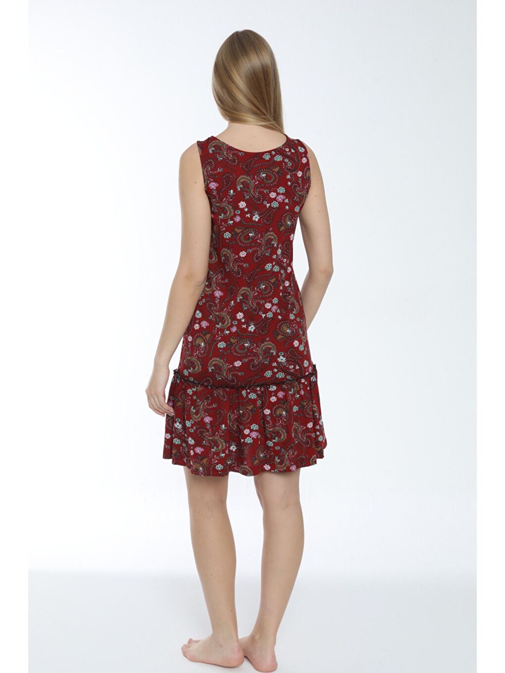 Bordo Desenli Eteği Büzgülü Askılı Pamuklu Elbise-3
