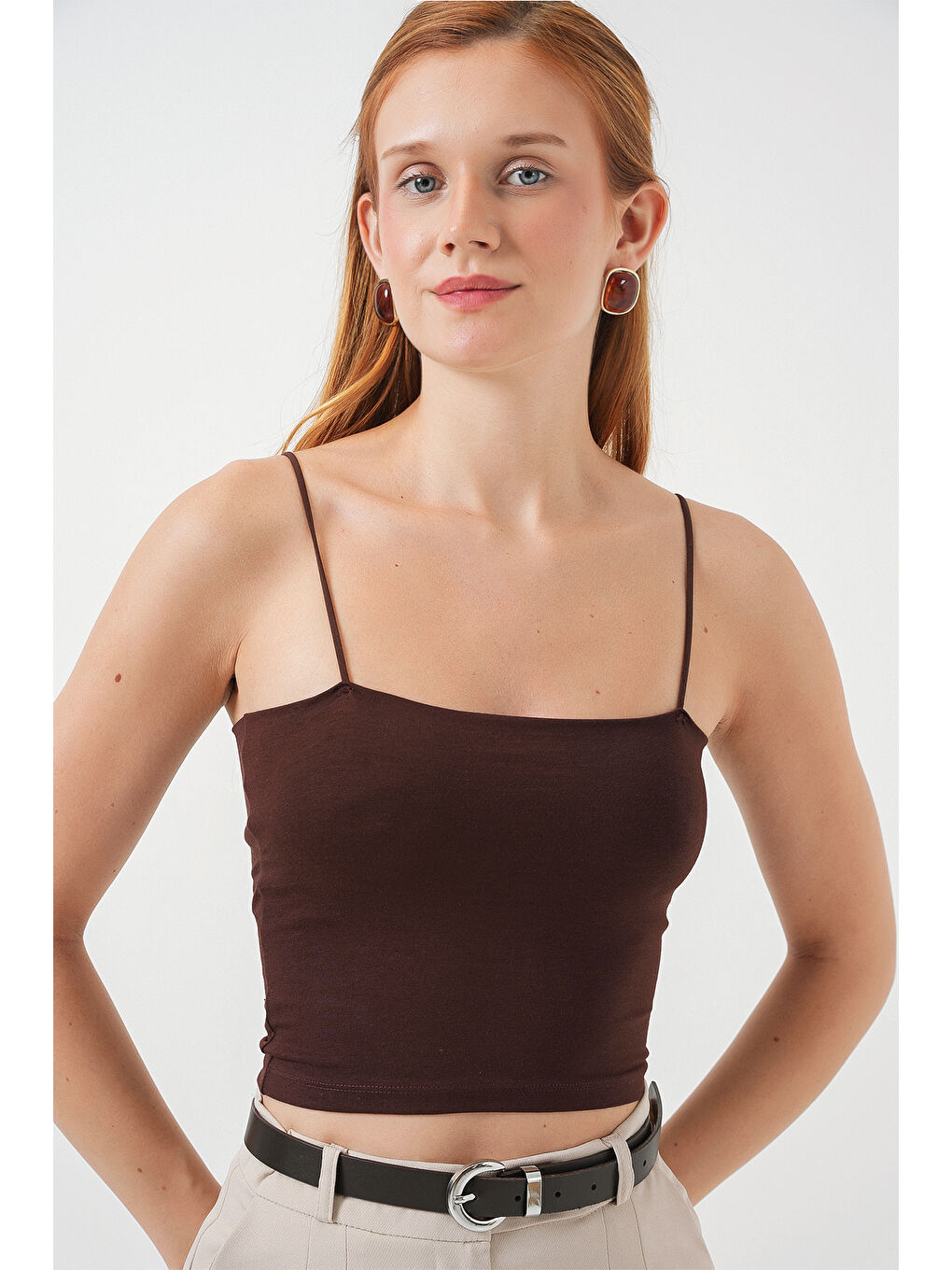 Kadın İp Askılı Basic Crop Büstiyer 973 - Kahverengi