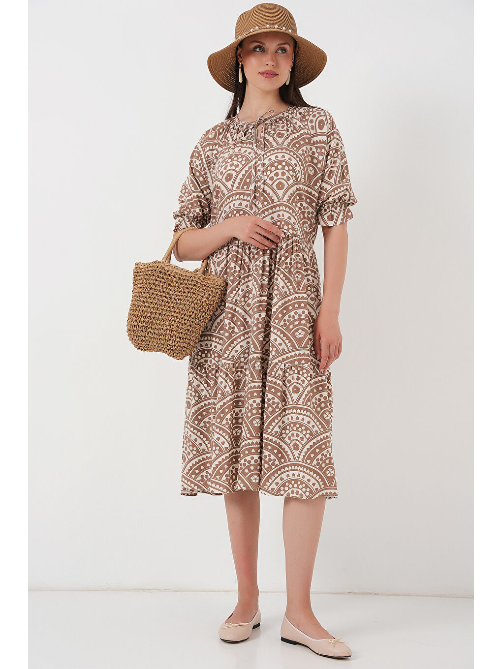Kadın Kısa Kol Desenli Elbise 2553 - Bej-2