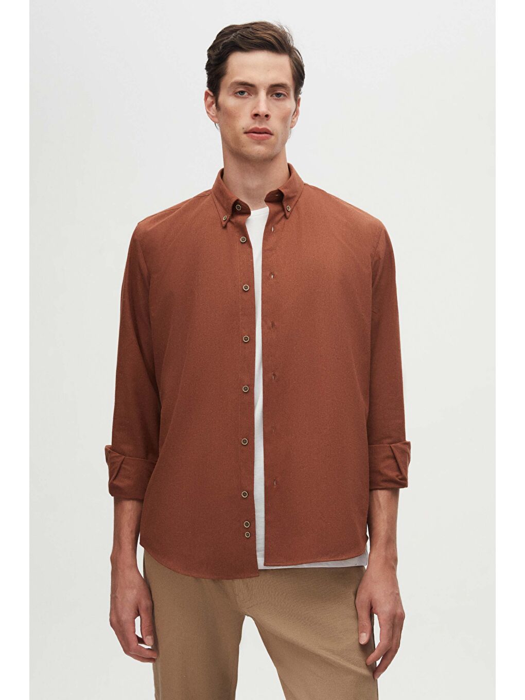 Regular Fit Kahverengi Düz Kışlık Flanel Gömlek-1