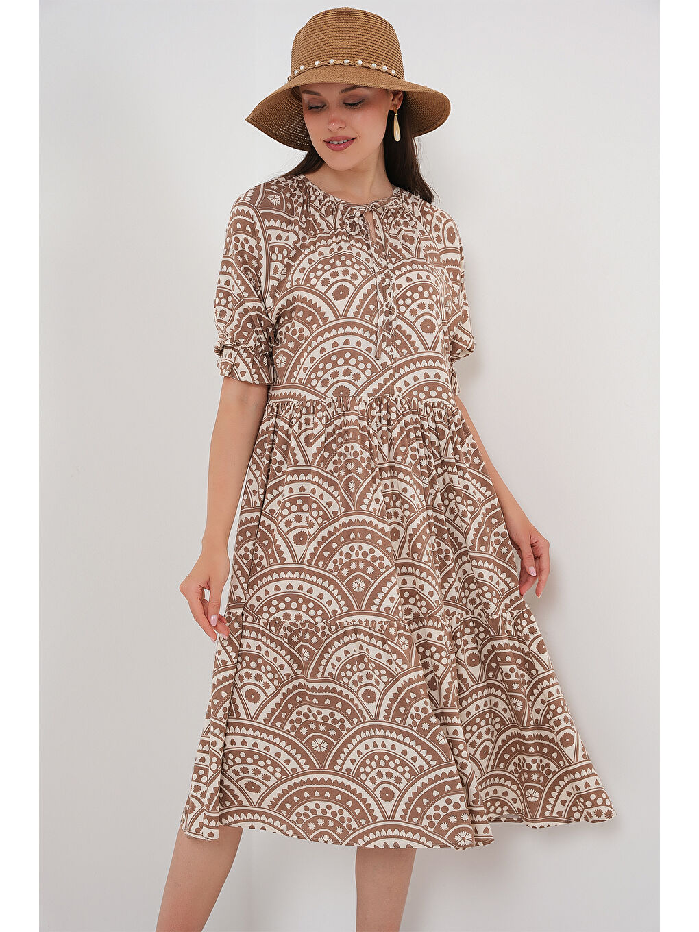 Kadın Kısa Kol Desenli Elbise 2553 - Bej-3