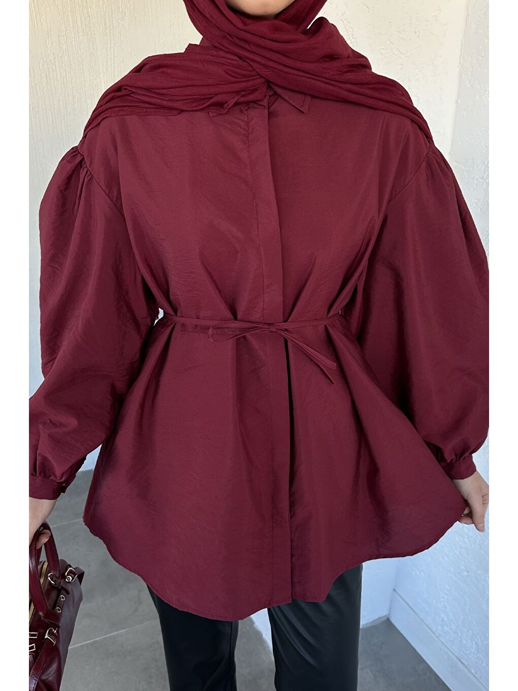 Bordo Balon Kol Bel Bağlamalı Gömlek Tunik-4