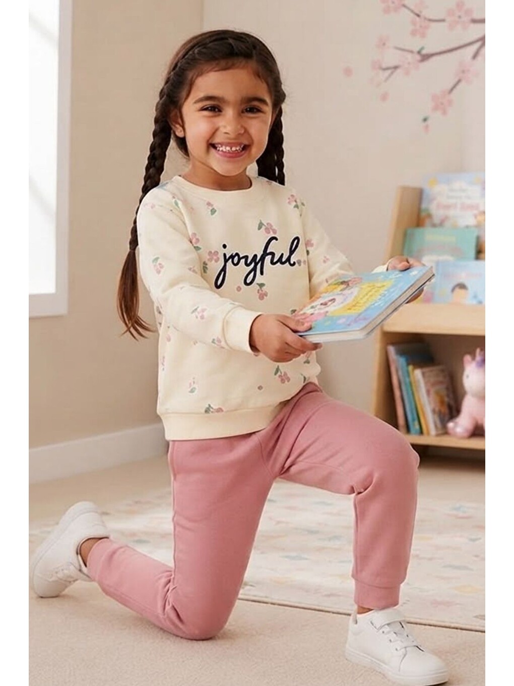 Pembe Kız Çocuk Kirazlı Desenli Okul Günlük Eşofman Takımı Esf7034-3