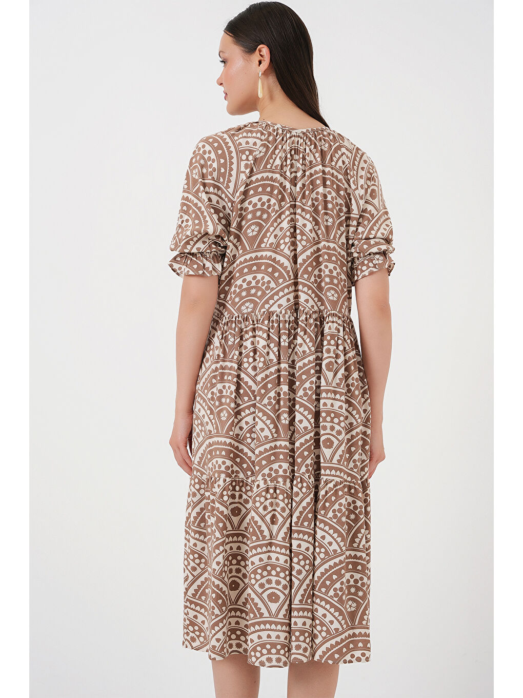 Kadın Kısa Kol Desenli Elbise 2553 - Bej-5